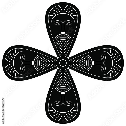 Square cross design with four heads of pagan Celtic god. Face of bearded man. Black and white negative silhouette.