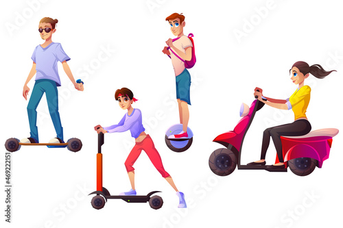 People ride on different electric transport. Vector cartoon set of men and women driving on electrical skateboard, unicycle, scooter and motorbike isolated on white background