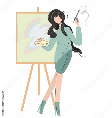 Illustration of a young elegant woman smoking nervously while drawing. Young woman
by the easel with paints and palette. Vector isolated.