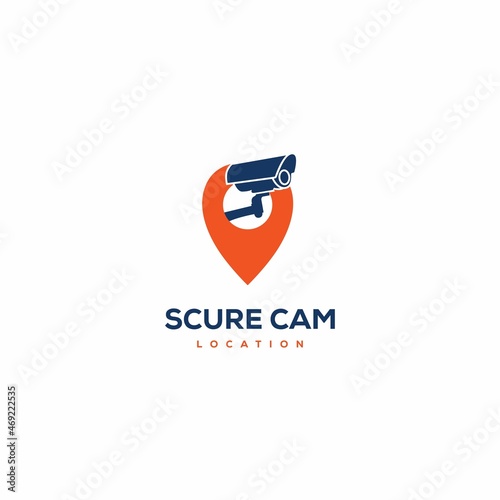 Webcam with pointer logo design template. CCTV camera pin vector icon