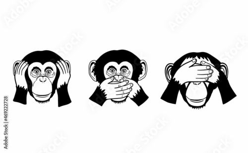 Three Wise Monkeys, Three Mystic Apes chimp isolated on white background. See hear say concept. Vector monochrome totem illustration