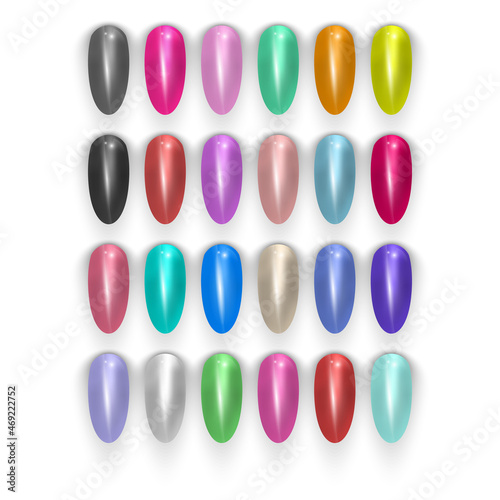 Set of false nails for manicure and Tips. Varnish color palette for nail extension. Artificial nails on white