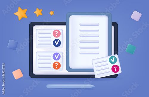3d quiz online. Distance learning, training, survey or exam. Correct and rejected answers in the checklist. The result of the quiz on the tablet screen. Remote workplace with a completed task. Vector