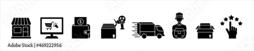 Online shopping order sequence icon. Click and collect order icons. E-commerce business concept. Contains icon such as front shop, add to cart, wallet, carton packaging, shipping, courier, unboxing