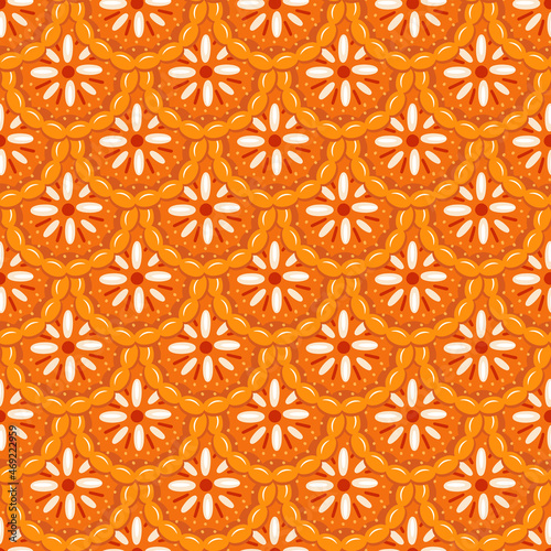 Minimalist style bright pumpkin pies and colorful dots forming seamless pattern