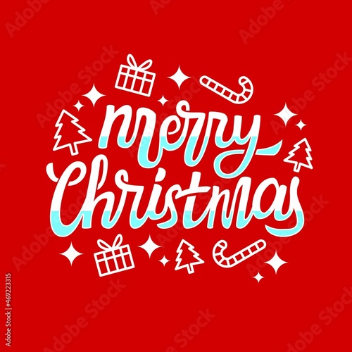 Merry Christmas Hand Lettering Vector Design With Simple Element Icon On Red Background