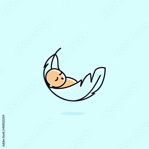 a baby sleeping soundly on a feather. can be used for a pillow company logo etc.