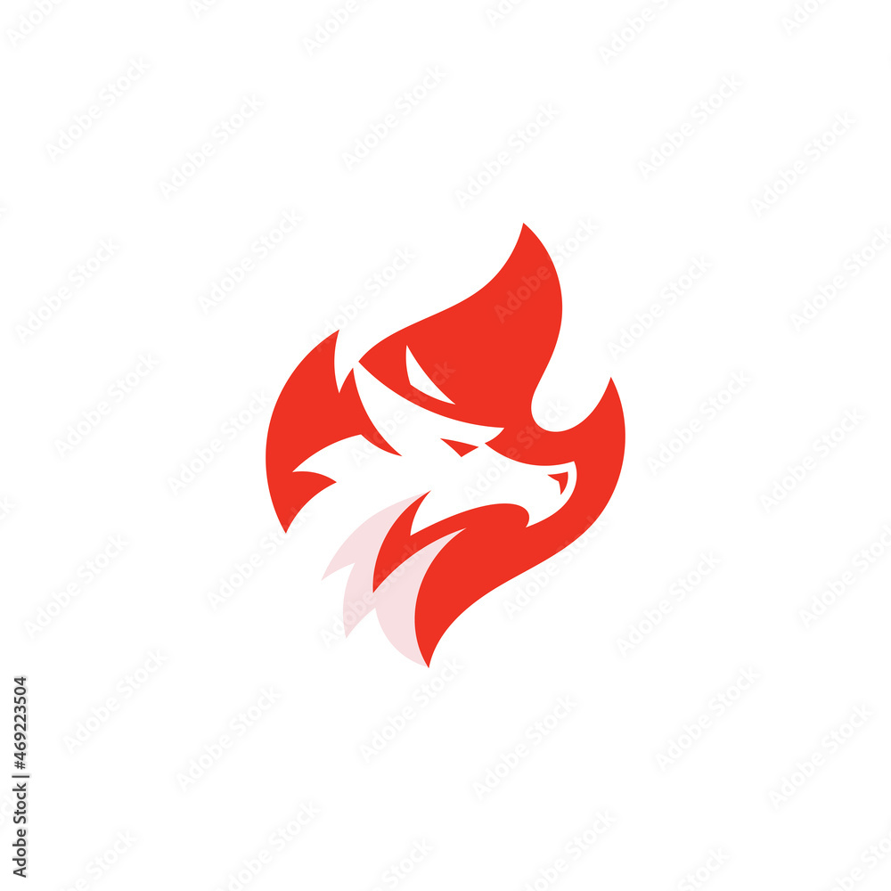 Negative space dragon head silhouette and fire flame vector logo icon Negative space dragon head silhouette and fire flame vector logo icon