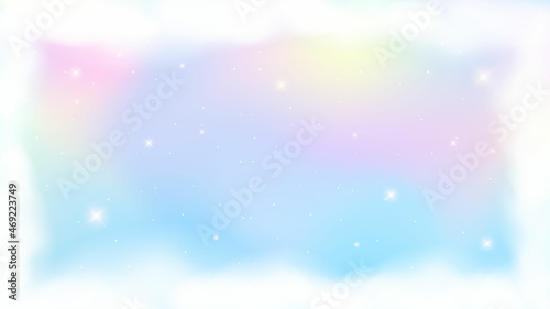 Holographic fantasy rainbow unicorn background with clouds. Pastel color sky. Magical landscape, abstract fabulous pattern and frame. Vector.