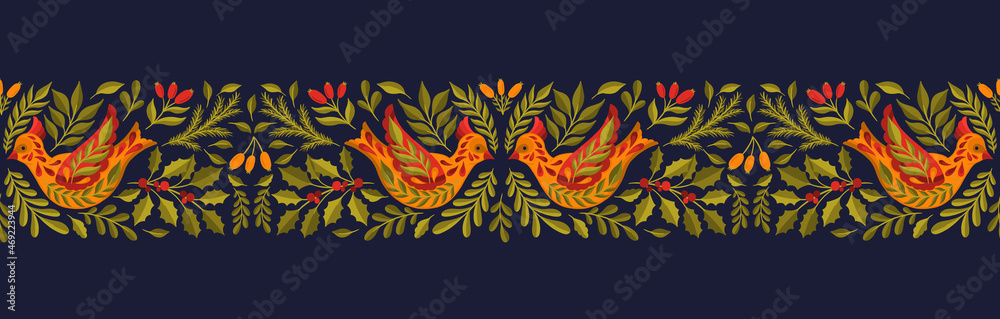 Seamless border ornament Christmas holiday.Bird and plant floral decoration. Seamless border ornament Christmas holiday.Bird and plant floral decoration.