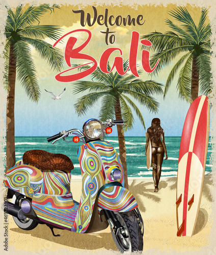 Background with surf,beach, retro scooter and girl carrying surfboard.Welcome to Bali poster.