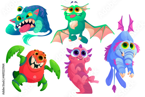Cute monsters, funny alien animals with teeth, wings, horns and fur. Vector cartoon set of little scary creatures, small ugly beasts smile, laughing and angry isolated on white background