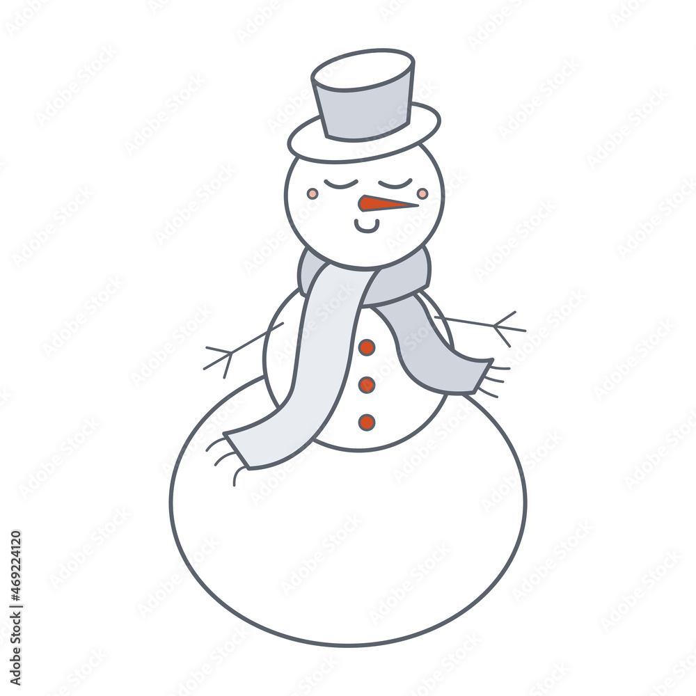Cute white snowman with carrot nose in hat and warm scarf. Cartoon vector illustration Cute white snowman with carrot nose in hat and warm scarf. Cartoon vector illustration