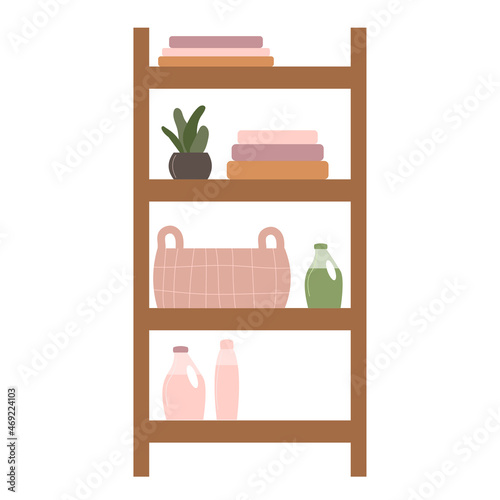 Clean laundry on shelves, basket for linen, washing gel and pottery plant. Flat vector illustration isolated on white background photo