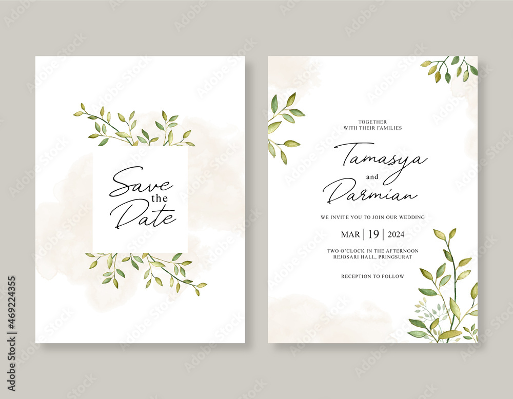Minimalist wedding invitation watercolor foliage