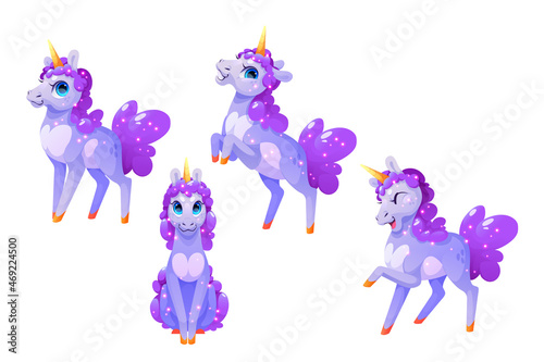 Magic unicorn cartoon character, cute pony or horse with horn and purple curly mane with sparkles. Isolated fantasy animal, funny mascot sit, jump, stamp with hoof. Sweet foal Vector illustration, set