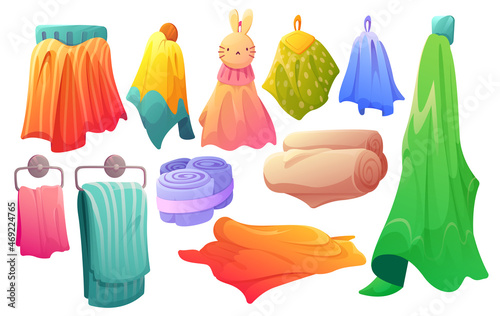 Set of towels bath and kitchen washcloth for kids and adults. Colorful fabric hang on hook, rolled and folded cloth. Fluffy textile for wiping, clean blankets for shower, Cartoon vector illustration