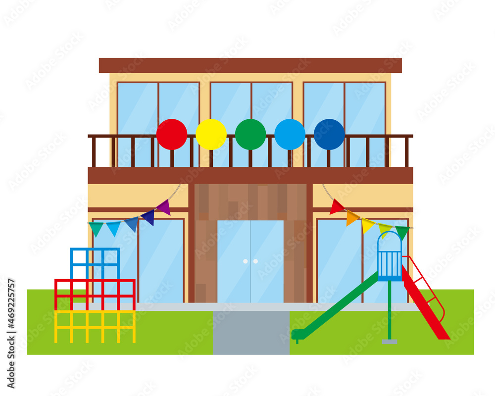 シンプルなお店のイラスト かわいい幼稚園 保育園のイラスト ジャングルジム 滑り台 Stock ベクター Adobe Stock
