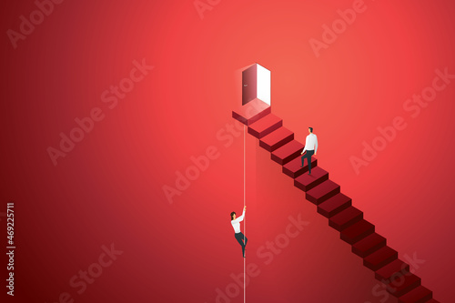 Businessman walking on stairs to the door businesswoman climbing with rope.