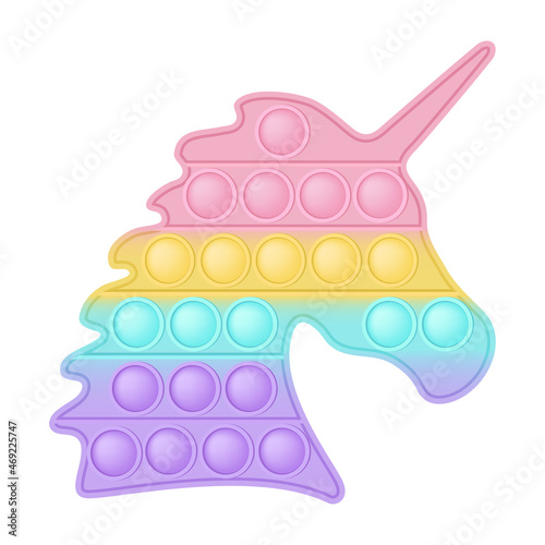 Popit figure unicorn a fashionable silicon toy for fidgets. Addictive anti stress toy in pastel rainbow colors. Bubble anxiety developing pop it toys for kids. Vector illustration isolated on white.