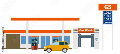 シンプルなお店のイラスト　ガソリンスタンド　洗車機　給油機　gas station