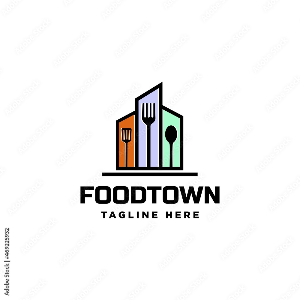 food town fork and spoon with building logo icon vector template