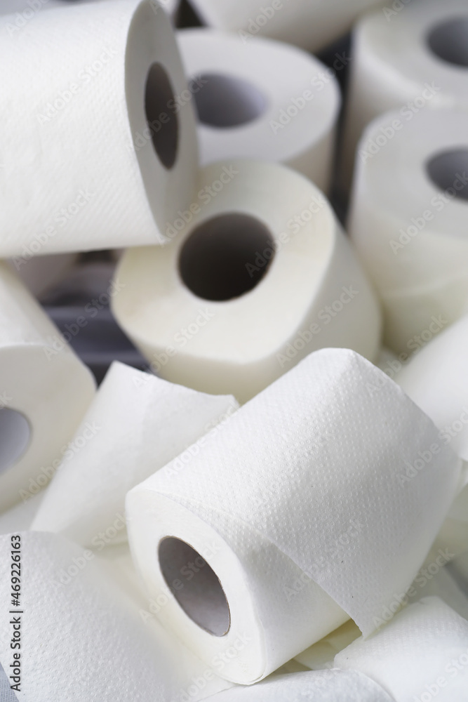 Toilet paper in a roll. Snow-white soft three-layer toilet paper. Lack of hygiene products. Primary protection and disinfection. Toilet paper in a roll. Snow-white soft three-layer toilet paper. Lack of hygiene products. Primary protection and disinfection.