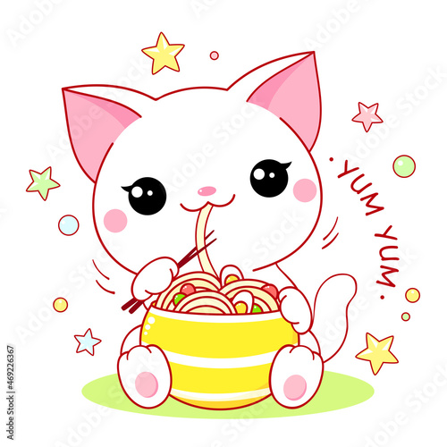 Cute white cat eat ramen noodles. Inscription Yum Yum. Kawaii little kitty are happy to eat noodles. Vector EPS8