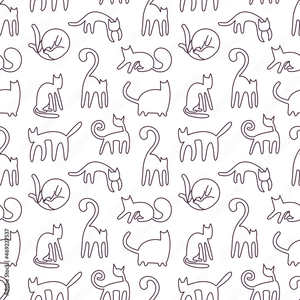Black and white seamless pattern with different cats in line art style. Simple vector flat childish illustration with kitties Black and white seamless pattern with different cats in line art style. Simple vector flat childish illustration with kitties