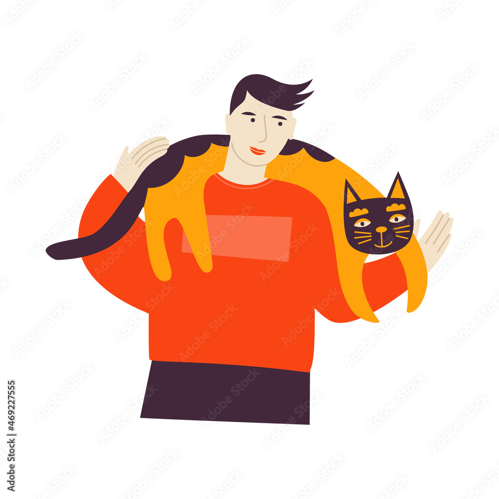 Vector flat illustration with a man keeping a cat. Pet owner on a white background