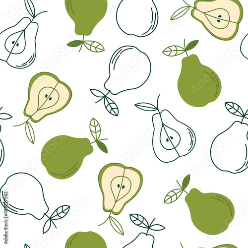 Seamless pattern with green pears. Simple vector flat and line art illustration with fruits on a white background. Organic plant food