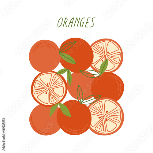 Simple poster with oranges on a white background. Card with citrus fruits. Vector flat illustration
