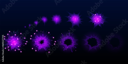 Game purple fireworks explode effect burst sprites for animation. User interface ui or gui elements for videogame, computer or web design. Salute sparkle explosion frames, Cartoon vector illustration