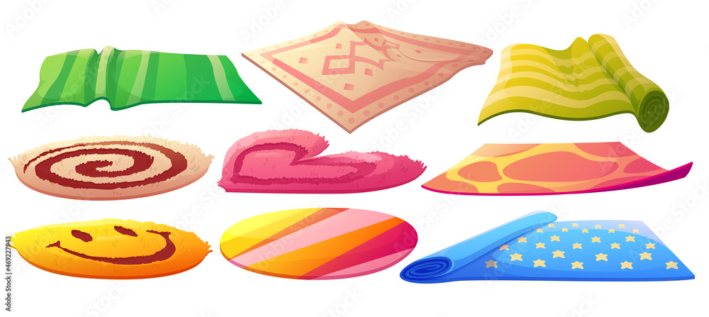 Naklejka premium Carpets collection, round, rectangle and heart shape floor rugs. Vector cartoon set of cloth mats for home interior, bath and picnic, cotton woven and fluffy carpets isolated on white background