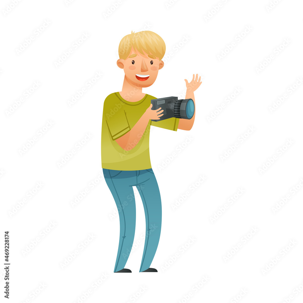 Man photographer character taking photo using camera cartoon vector illustration Man photographer character taking photo using camera cartoon vector illustration