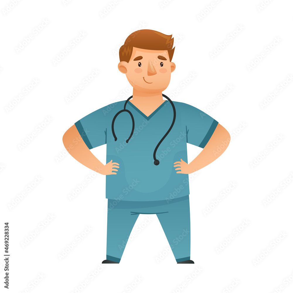 Cheerful man doctor in unifrom with stethoscope. Medical staff cartoon vector illustration Cheerful man doctor in unifrom with stethoscope. Medical staff cartoon vector illustration