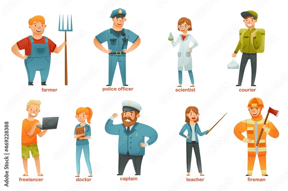 People of various professions set. Doctor, teacher, scientist, courier, freelancer, captain, firefighter, farmer characters cartoon vector illustration