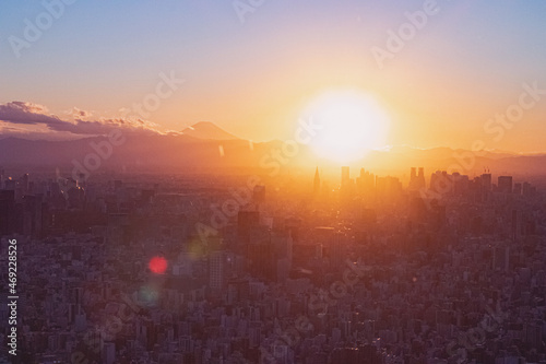 Japan  Tokyo  view of the city from the sky tree tower  view of mount fuji and the setting sun  october 2021