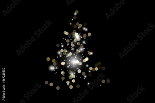 Lighting illuminates a shiny Christmas tree isolated on a black background. White tree as a symbol of Happy New Year, Christmas celebration. Bright light decoration design. Vector.