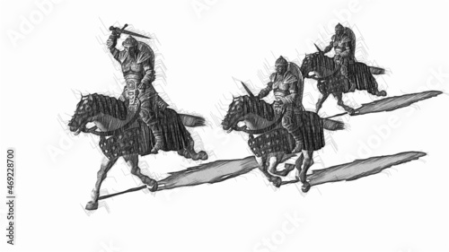 3d illustration - Medieval Knights  Ride Horses  With Swords And Shields photo