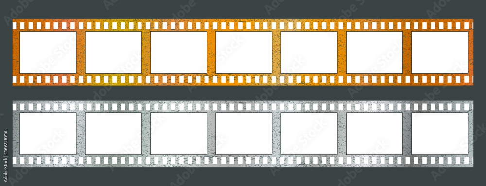  A collection of grunge film strips in gold and metal. Old retro cinema film strip. Video recording. Vector illustration.