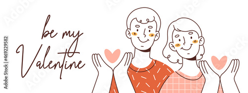 Valentine's day card with young couple falling in love. Young man and woman are holding hearts. 