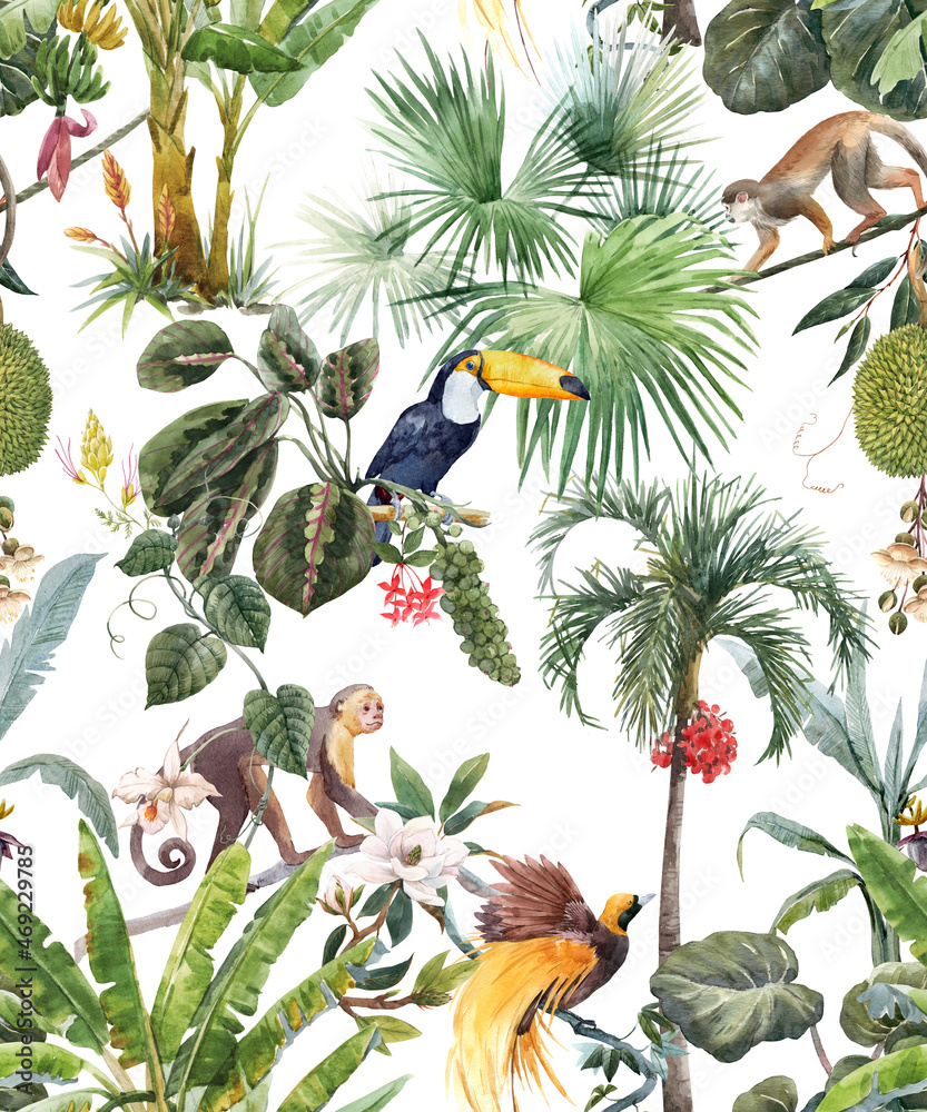 Fototapeta premium Beautiful seamless tropical floral pattern with hand drawn watercolor exotic jungle palm trees and animals. Toucan monkey and paradise bird. Stock illustration.