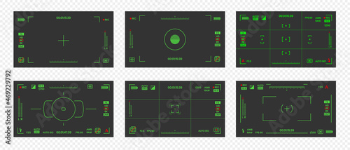 Camera viewfinder night vision video or photo frame recorder flat style design vector illustration set. Digital camera viewfinder with exposure settings and focusing grid template.
