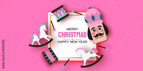 Pink Sugar Nutcracker, Drum,Rocking Horses. Merry Christmas party. Happy New Year figurine. December ballet party. Vintage toys paper craft style. Winter holidays. Space for text.
