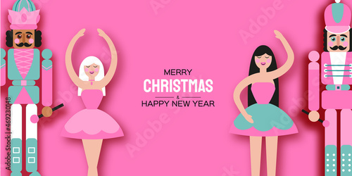 Pink Sugar Christmas Nutcracker and Clara Girl Ballerina in paper cut style. Cute soldier toy. December Ballet party. Creative Merry Xmas invitation. Happy New Year. Winter holidays. Space for text.