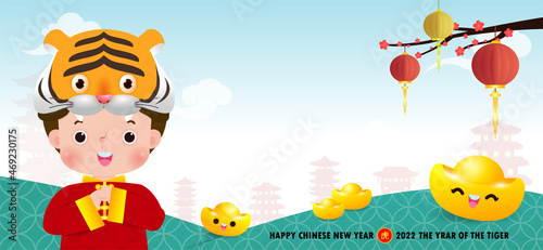 Happy Chinese new year 2022 year of the tiger zodiac design with little children greeting gong xi fa cai, brochure, calendar background vector illustration design, Translation: happy new year