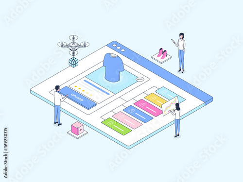 E-Commerce Catalog Upload Isometric Illustration Lineal Color. Suitable for Mobile App, Website, Banner, Diagrams, Infographics, and Other Graphic Assets.