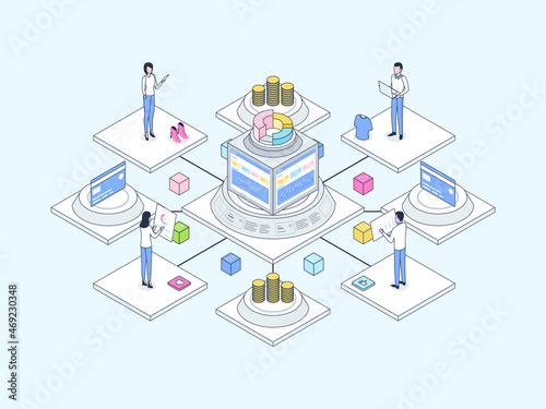 E-Commerce Integrated Accounting Isometric Illustration Lineal Color. Suitable for Mobile App, Website, Banner, Diagrams, Infographics, and Other Graphic Assets.