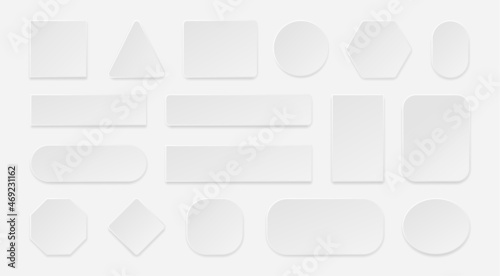 White 3D button. Realistic square rectangular and round empty web button mockup, grey tag and bar graphic. Vector plastic shape and sticker set